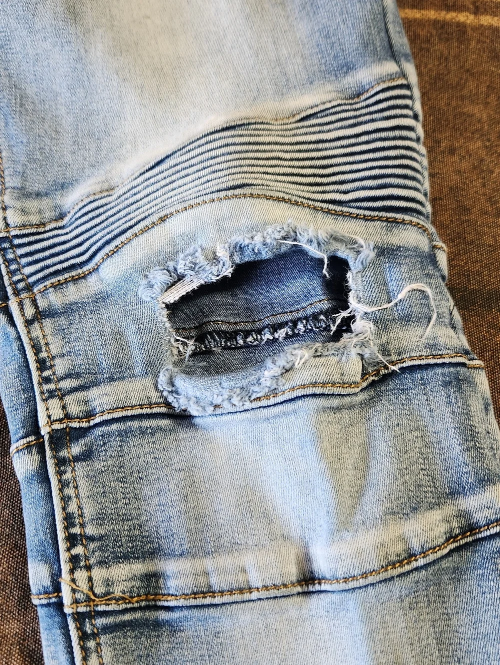Kilogram Mens Moto Biker Jeans Light Wash Distressed Slim‎ Fit Blue Sz 34 Ribbed